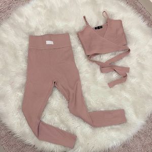 Rib Knit Wrap Front Crop Top & Rib Knit Leggings.